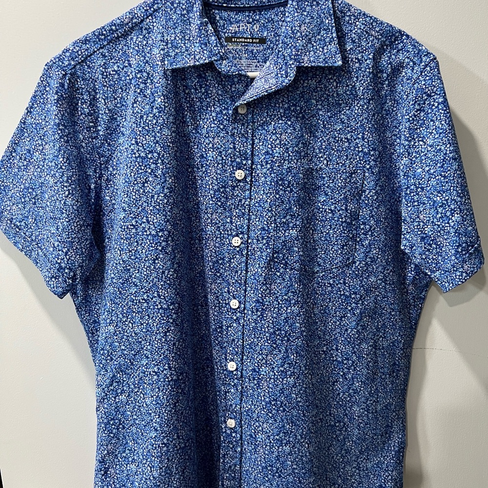 Apt. 9 Premier Flex Untucked Fit Button Down Shirt Blue With Floral Design